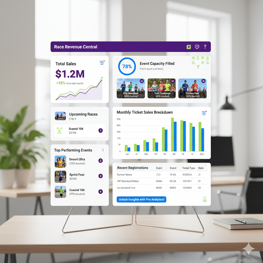 modern sports event dashboard interface with athletes running track and digital scoreboard