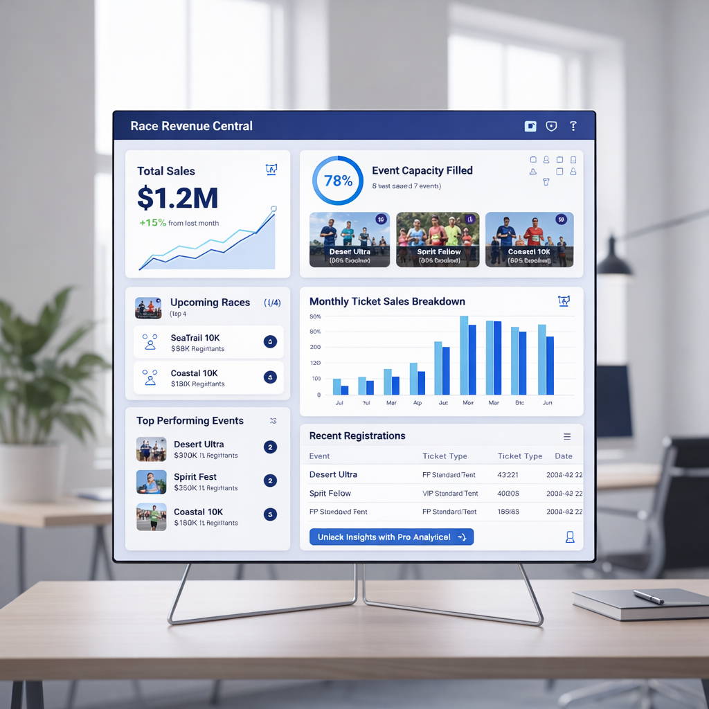 modern sports event dashboard interface with athletes running track and digital scoreboard
